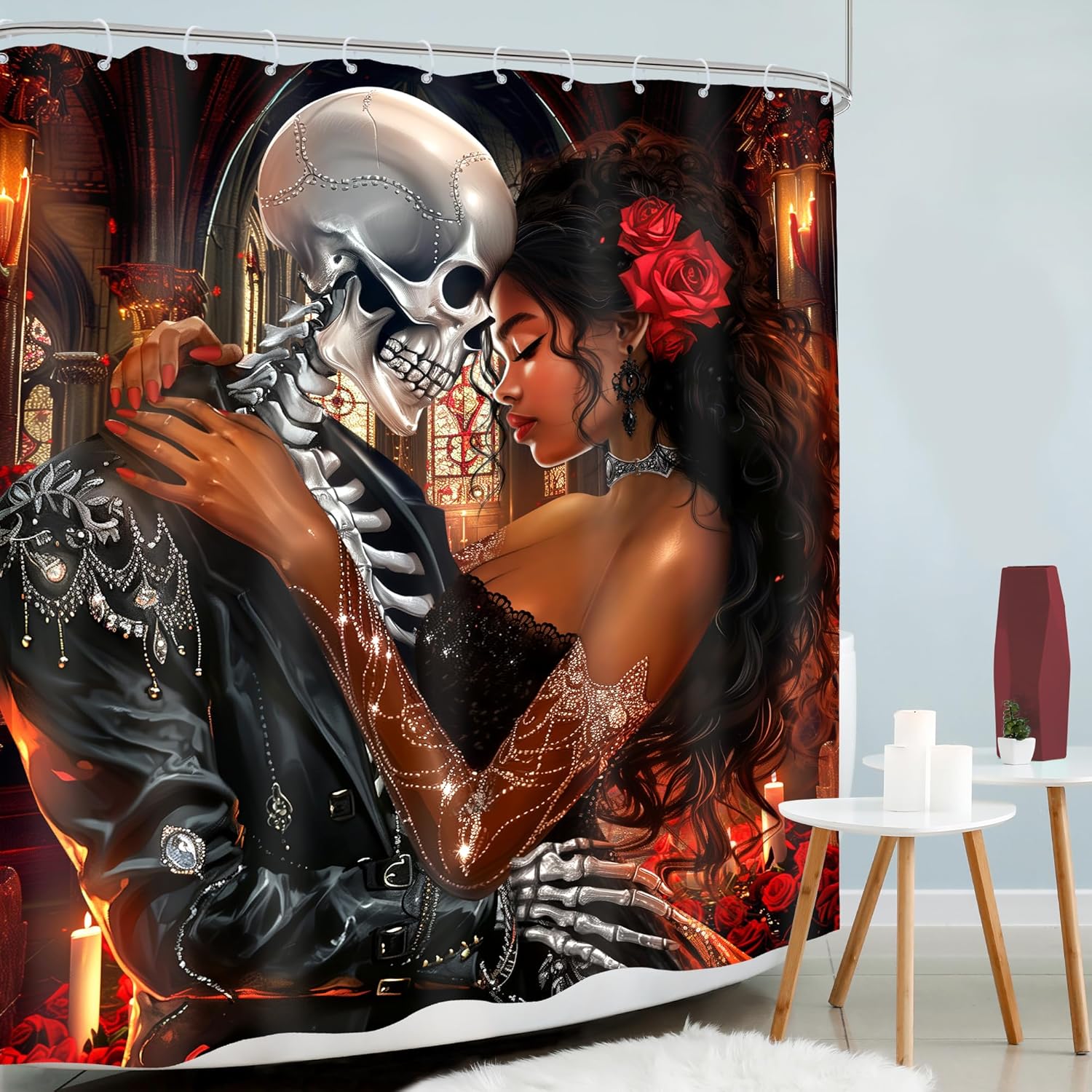 Valentines Day African American Goth Skeletonshower Curtain for Women Romantic Black