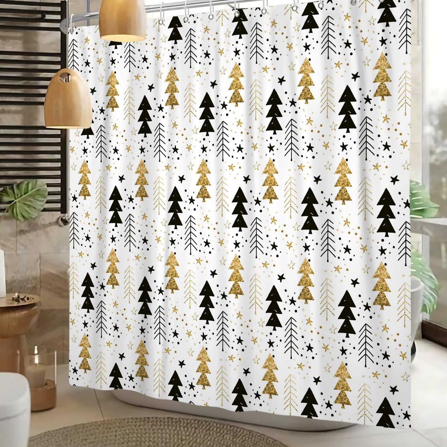 Boho Christmas Tree Shower Curtain with 12 Hooks