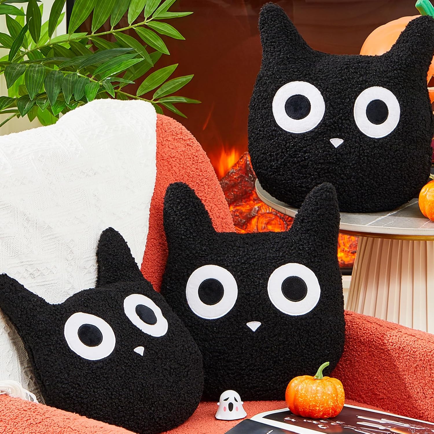 3 Pcs Black Cat Throw Pillow Plush Filling Full Lamb