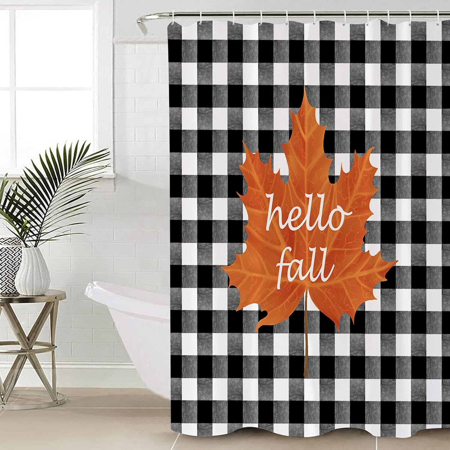 Autumn-themed waterproof shower curtain with 12 hooks for easy setup