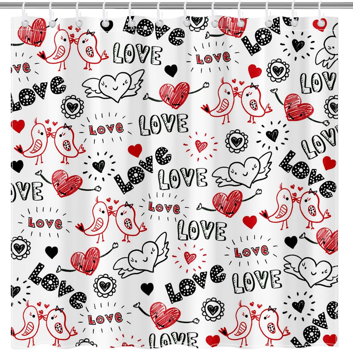 Mocsicka Valentines Shower Curtain Doodle Style Heart and Kiss Birds