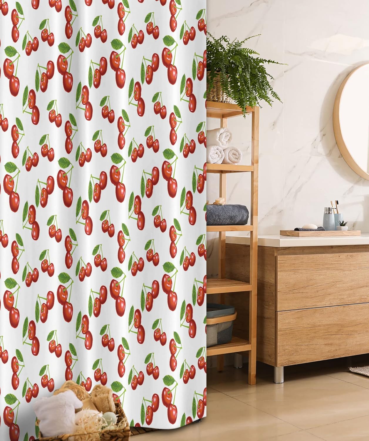 Ambesonne Cherry Design Fresh Berry Summer Green Garden Shower Curtain Set