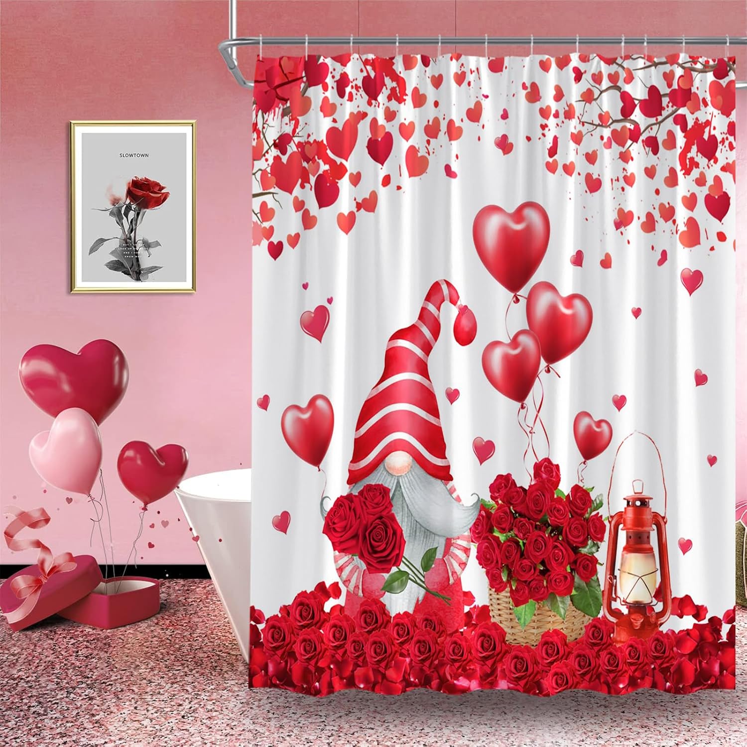 Valentines Day Gnome Shower Curtain Red Pink Roses