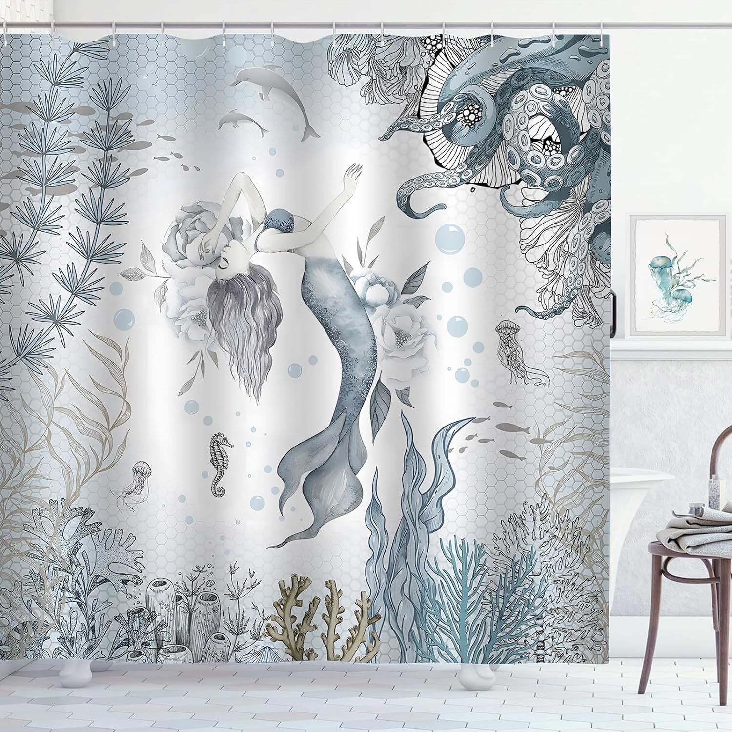 ZCHOMI Ocean-Theme Mermaid Bath Curtain 72x72 inch Perfect for Your Bathroom