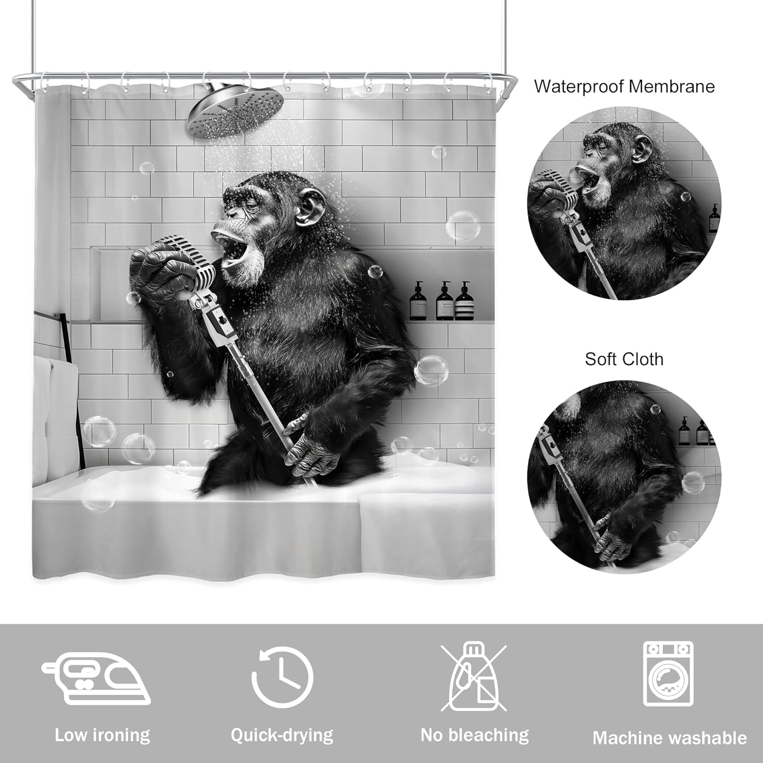 Newsely Monkey Inflatable Bath Shower Curtain 72x72 Waterproof Animal Print Expandable Set