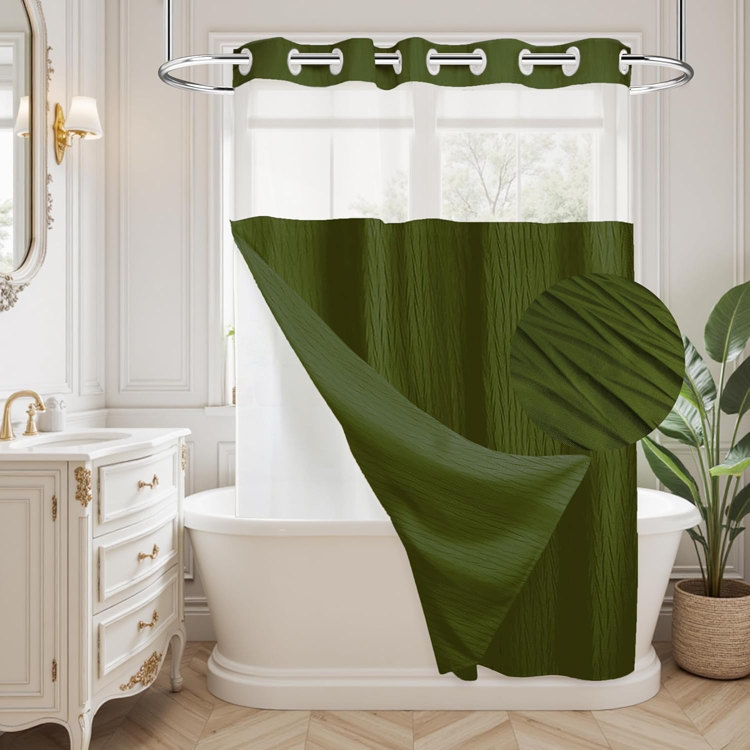 HONCO DIRECT Crumpled Olive Green Shower Curtain