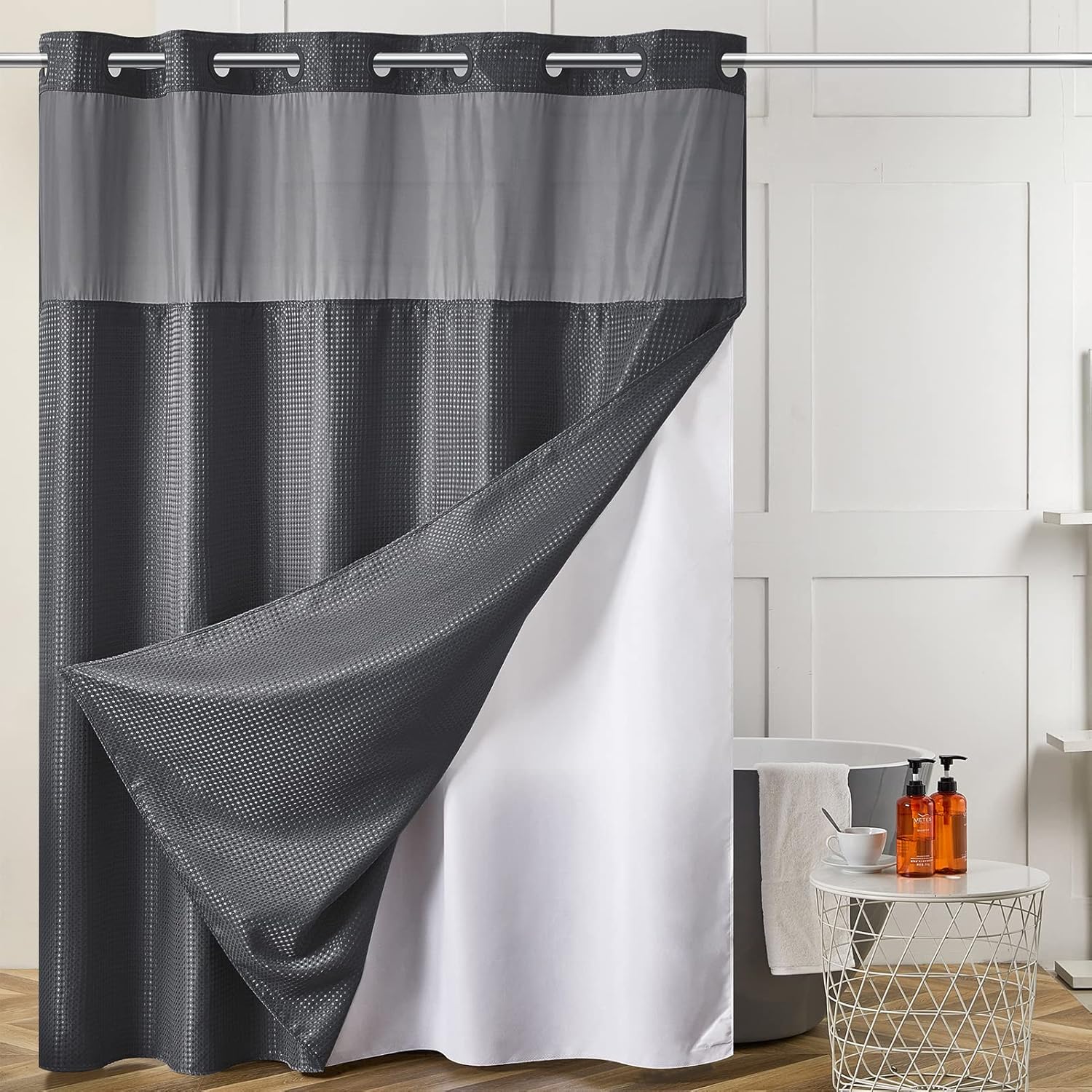 Furlinic No-Hook Waffle Weave Carpeted Shower Curtain Set