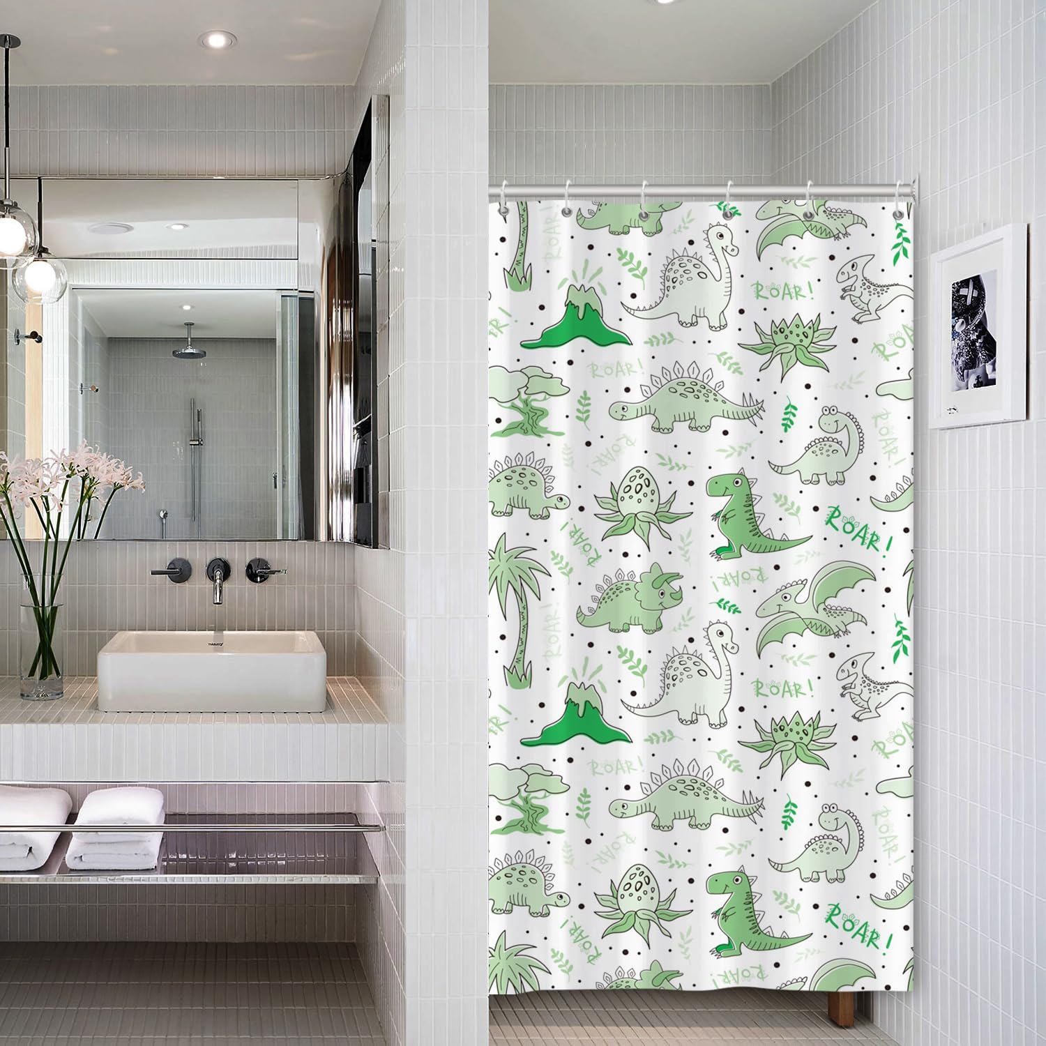 Baocicco Cute Cartoon Dinosaur Shower Curtain Set Green Animals Plants 36x72 Inches