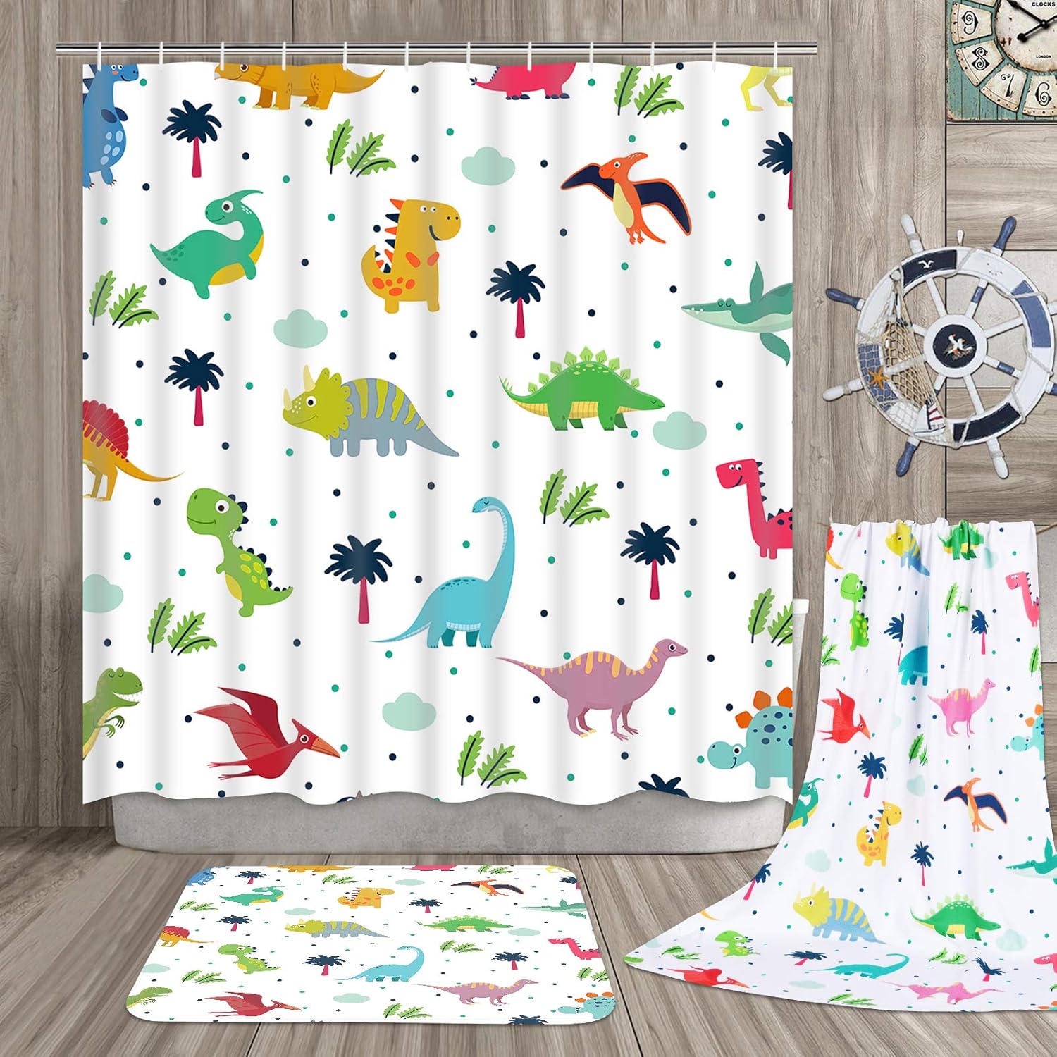 Ikfashoni 7 Piece Cartoon Dinosaur Bath Set with Rug and Towels