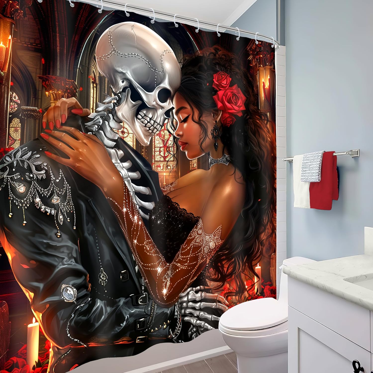 Valentines Day African American Goth Skeletonshower Curtain for Women Romantic Black