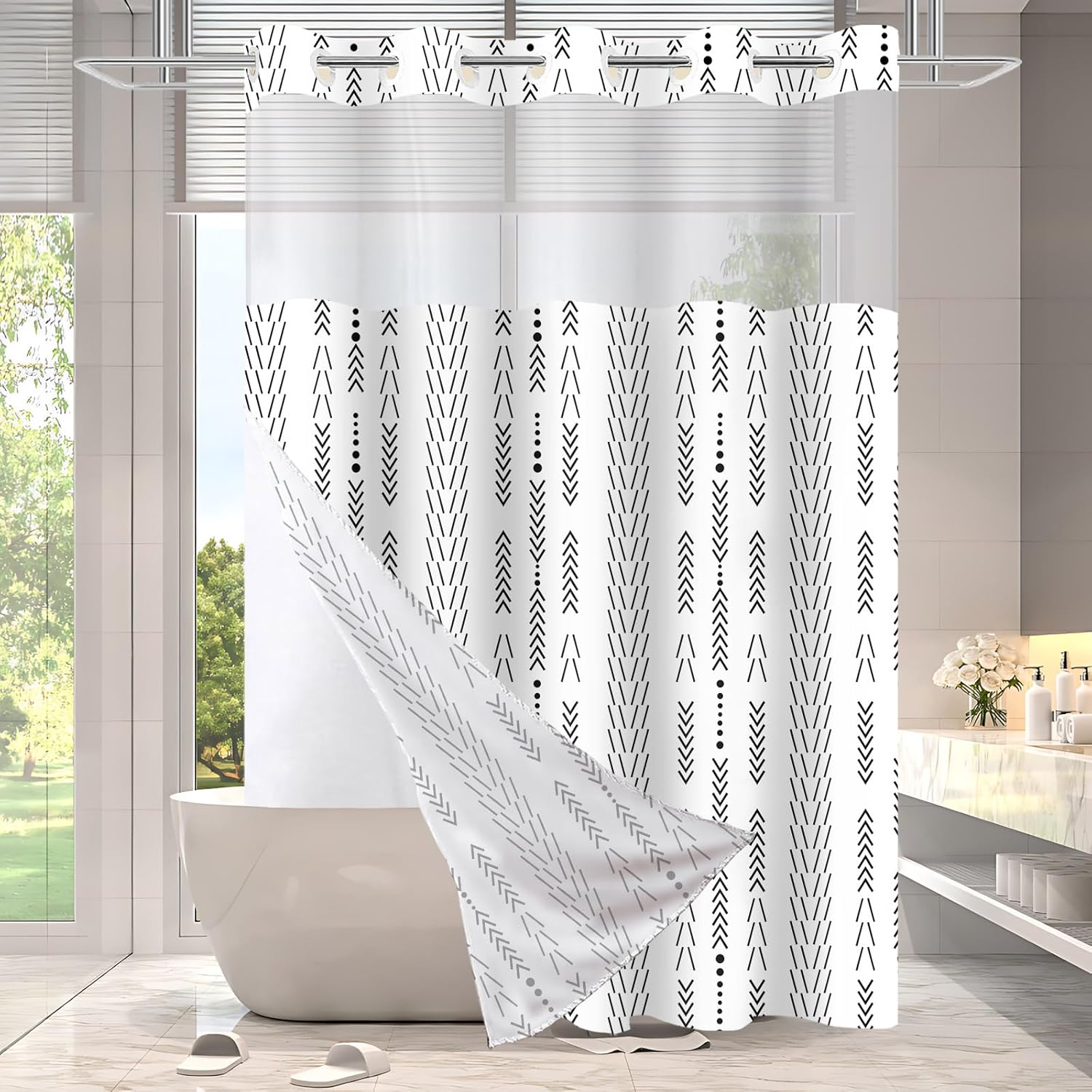 Sleek Bohemian Shower Curtain Set with No Hook Design for Modern Bathroom