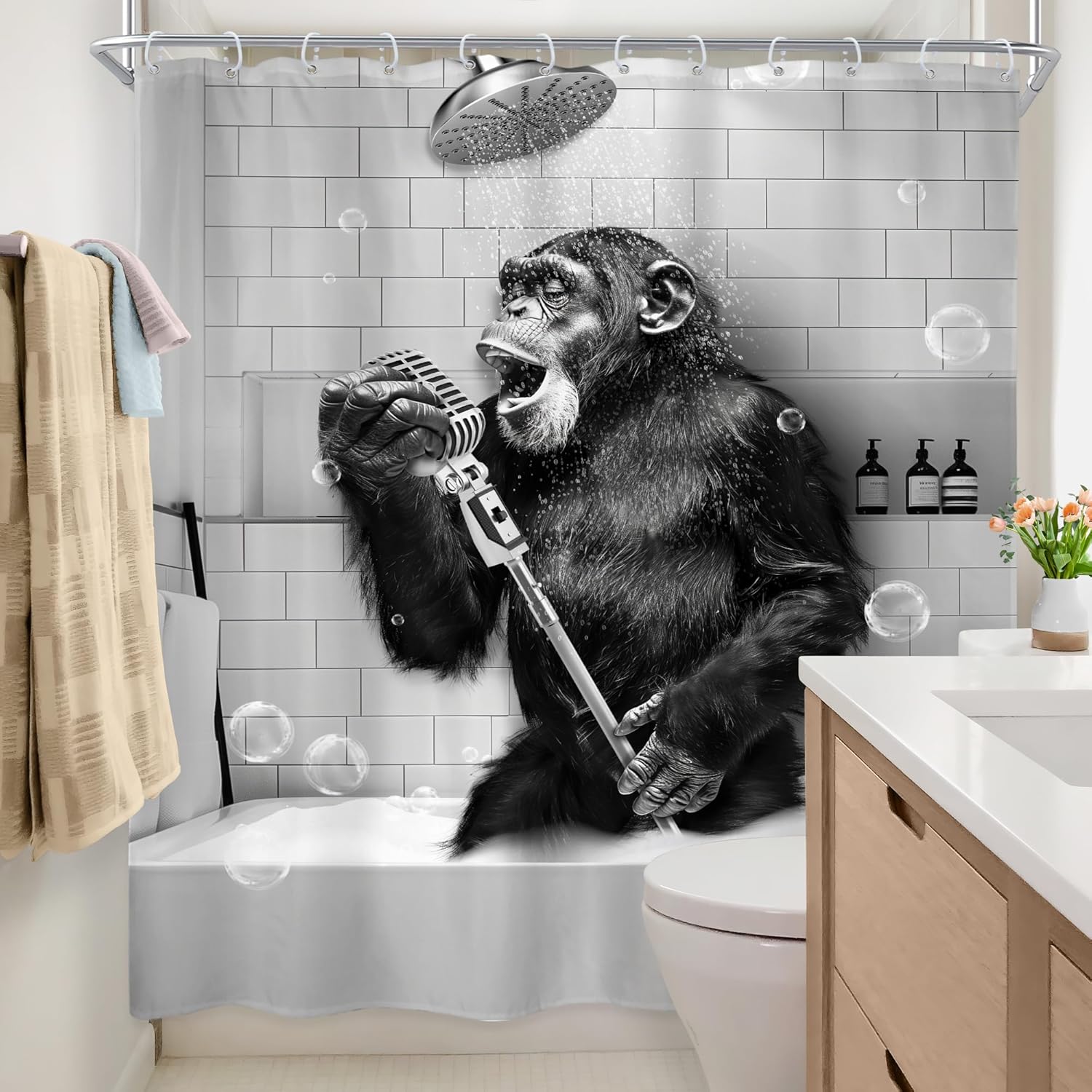 Newsely Monkey Inflatable Bath Shower Curtain 72x72 Waterproof Animal Print Expandable Set