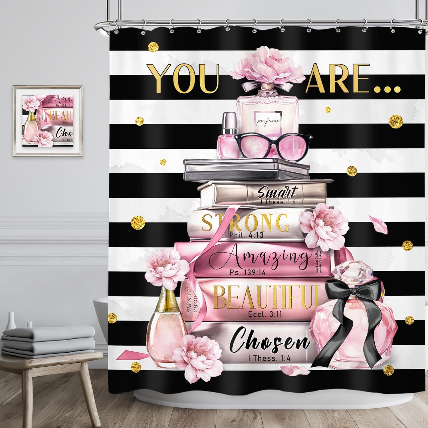 Elegant shower curtain set with modern quotes