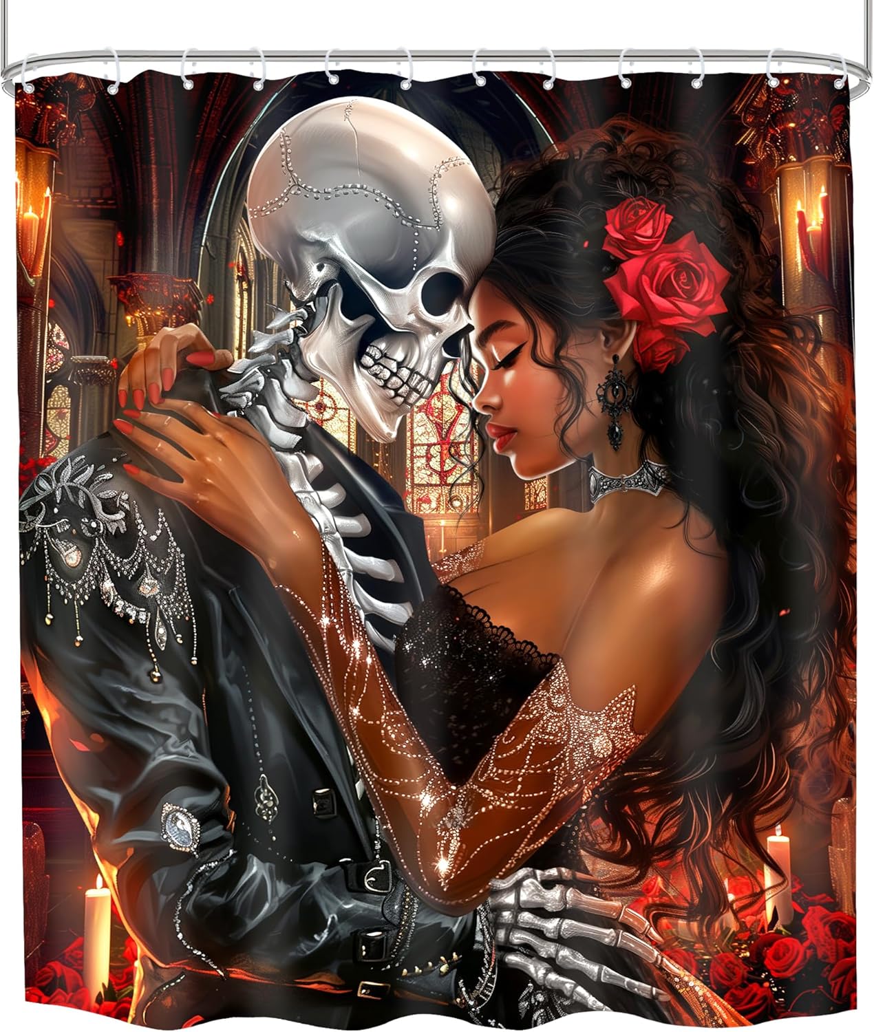 Valentines Day African American Goth Skeletonshower Curtain for Women Romantic Black