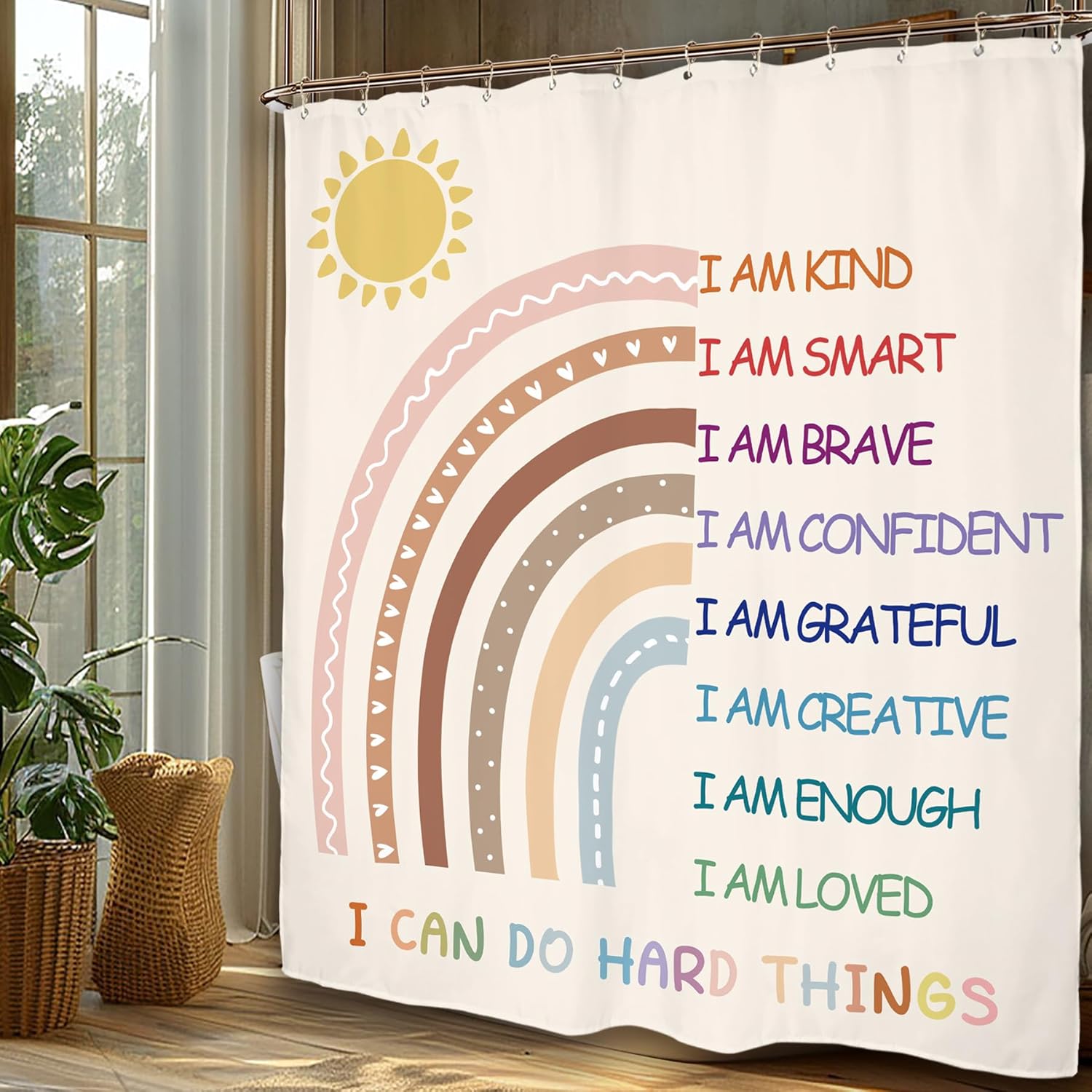 Miyotaa Rainbow Girls Bathroom Shower Curtain Set Pastel Inspirational Quotes