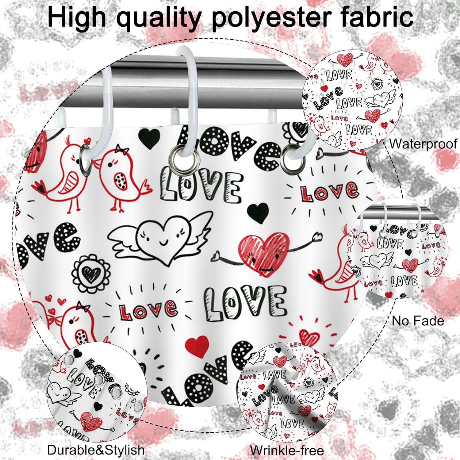 Mocsicka Valentines Shower Curtain Doodle Style Heart and Kiss Birds