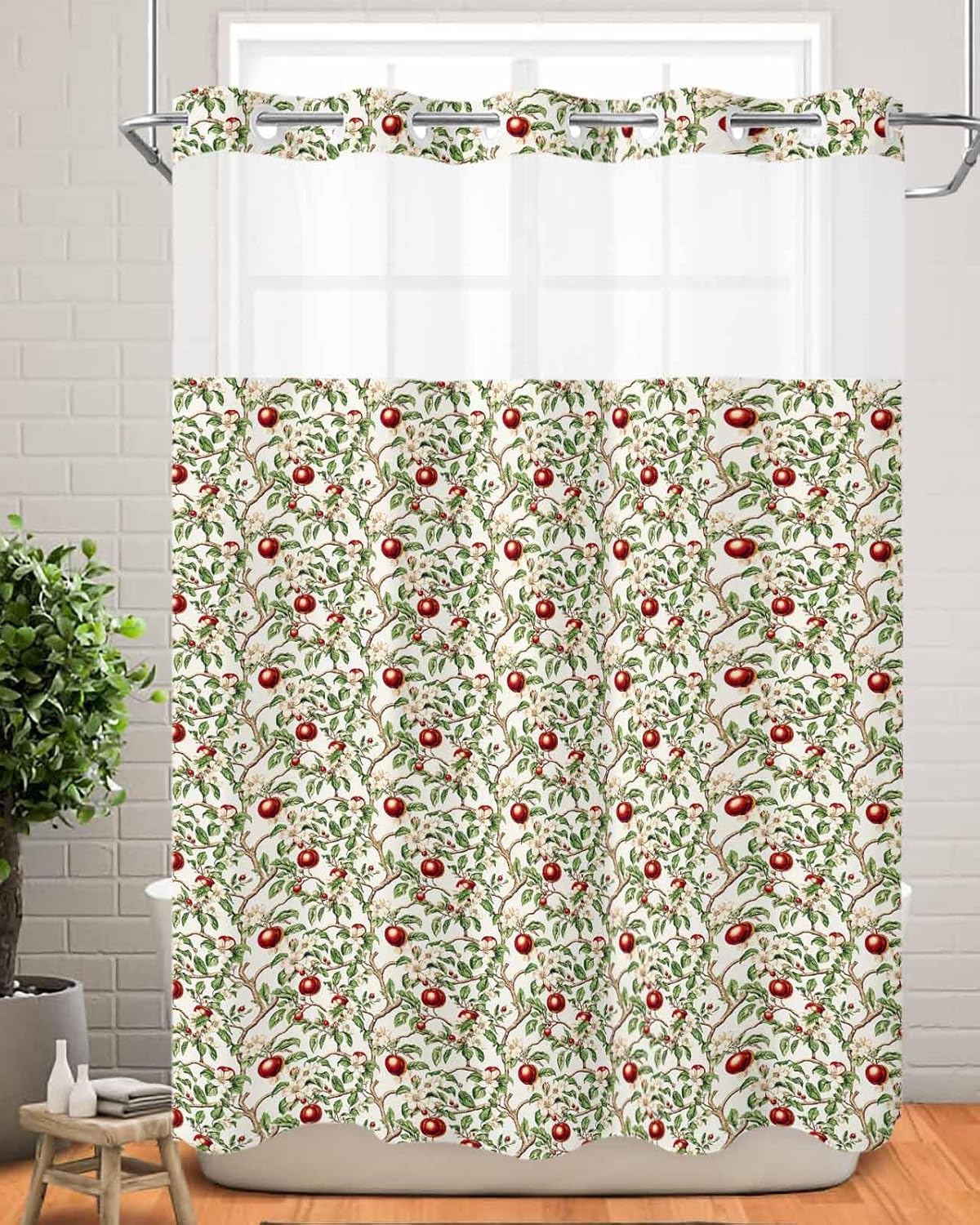 Art Deco Hotel Style Green Fruit No Hooks Shower Curtain Set 60x72