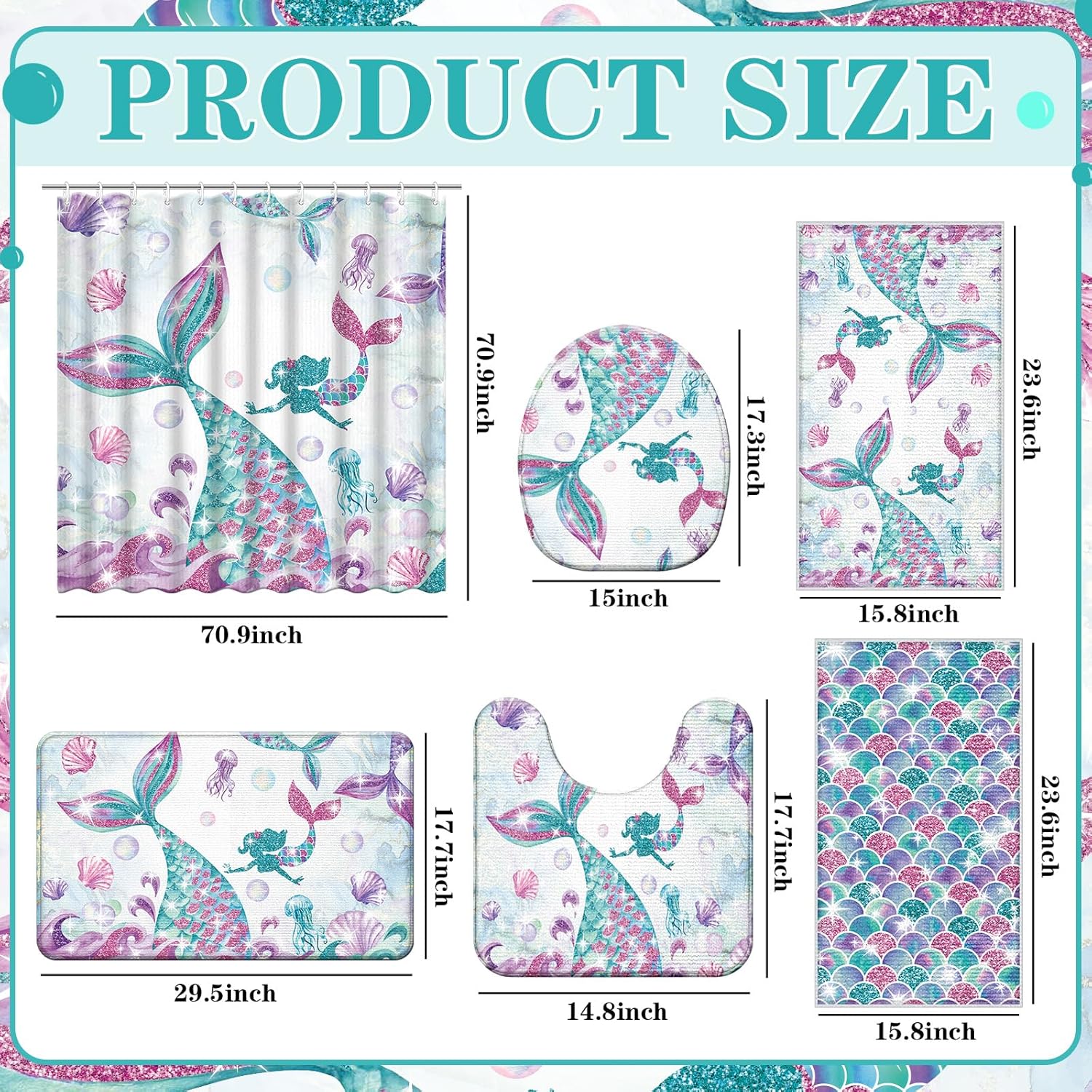 Nuanchu 6 Piece Mermaid Bathroom Set with Mat and Towels