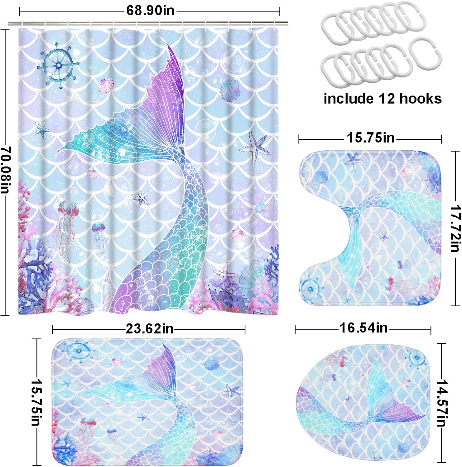 Perfect 4-Piece Mermaid Bathroom Set for Kids with Non-Slip Rugs