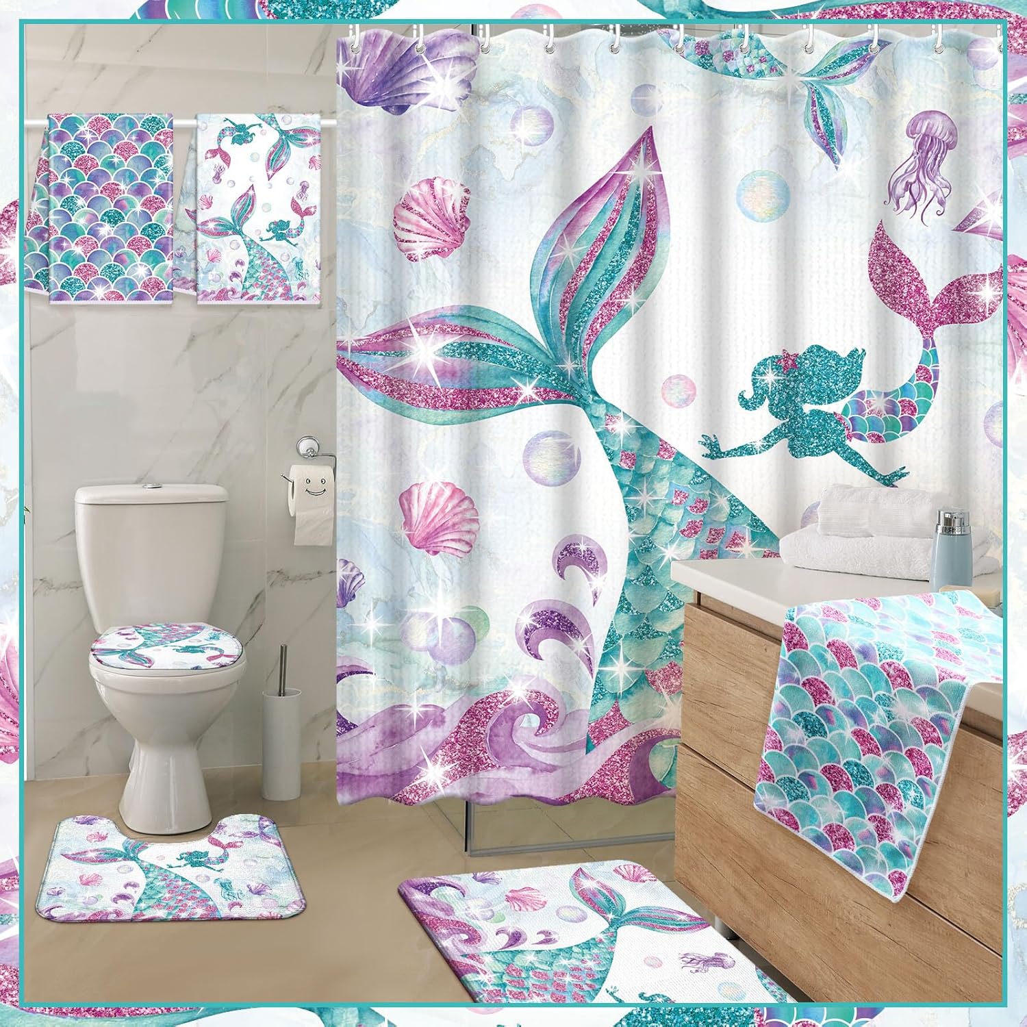 Nuanchu 6 Piece Mermaid Bathroom Set with Mat and Towels