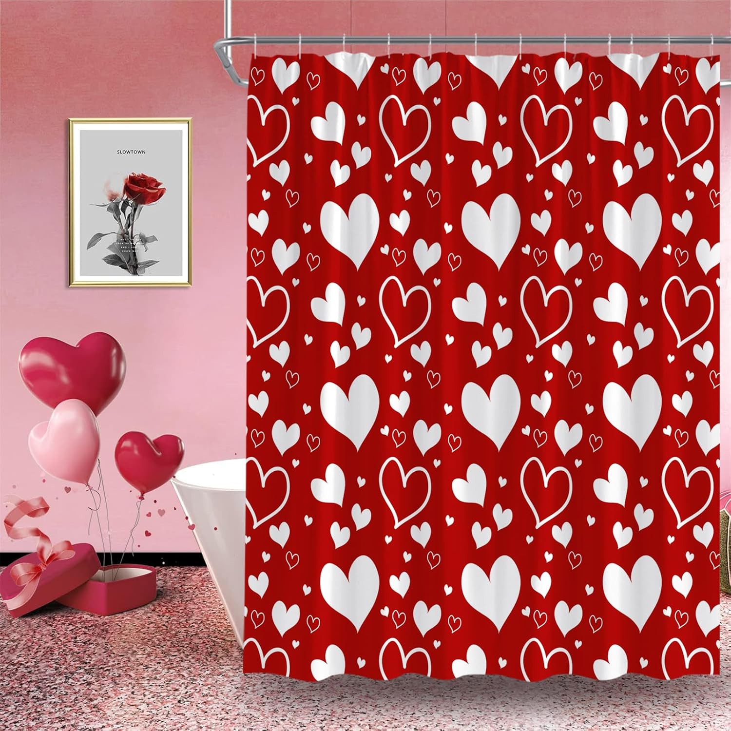 A Star Design Valentines Shower Curtain Red White Heart Set 70x70cm