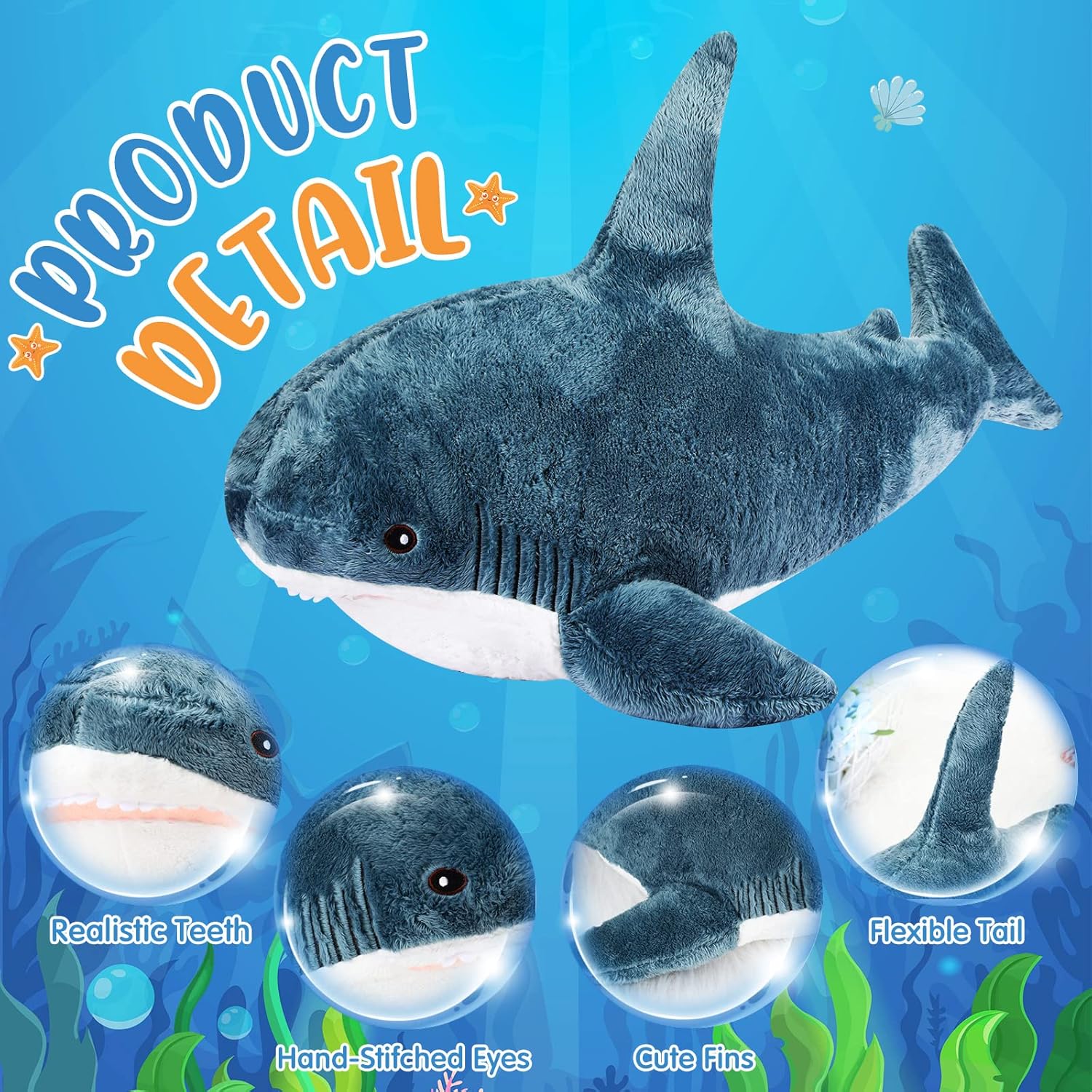 Big Blue Shark Plush Pillow for Kids and Adults - Oceanic Marine Toy