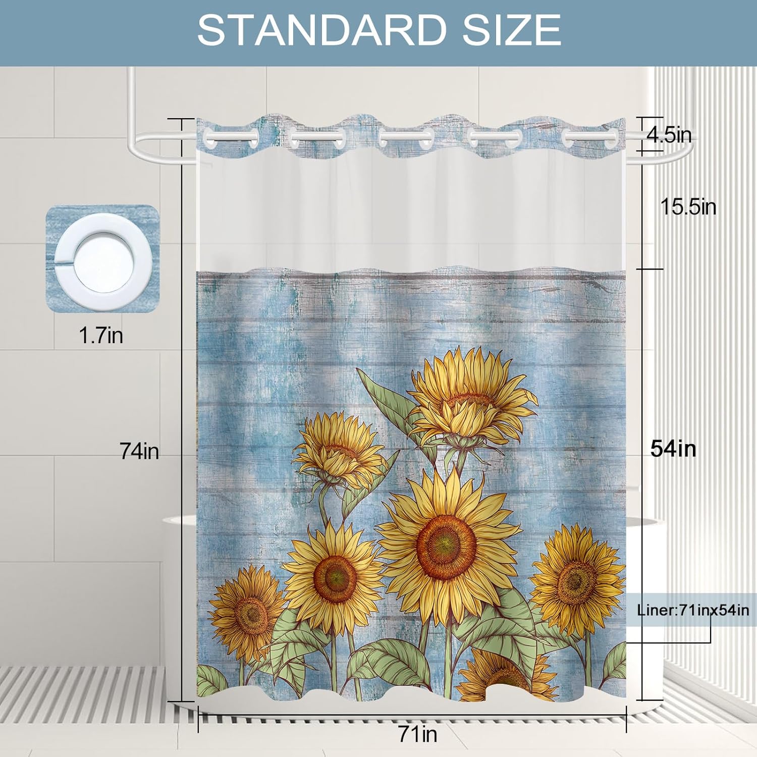 Sunflower Farmhouse Bath Curtain No Hook Design 71x74