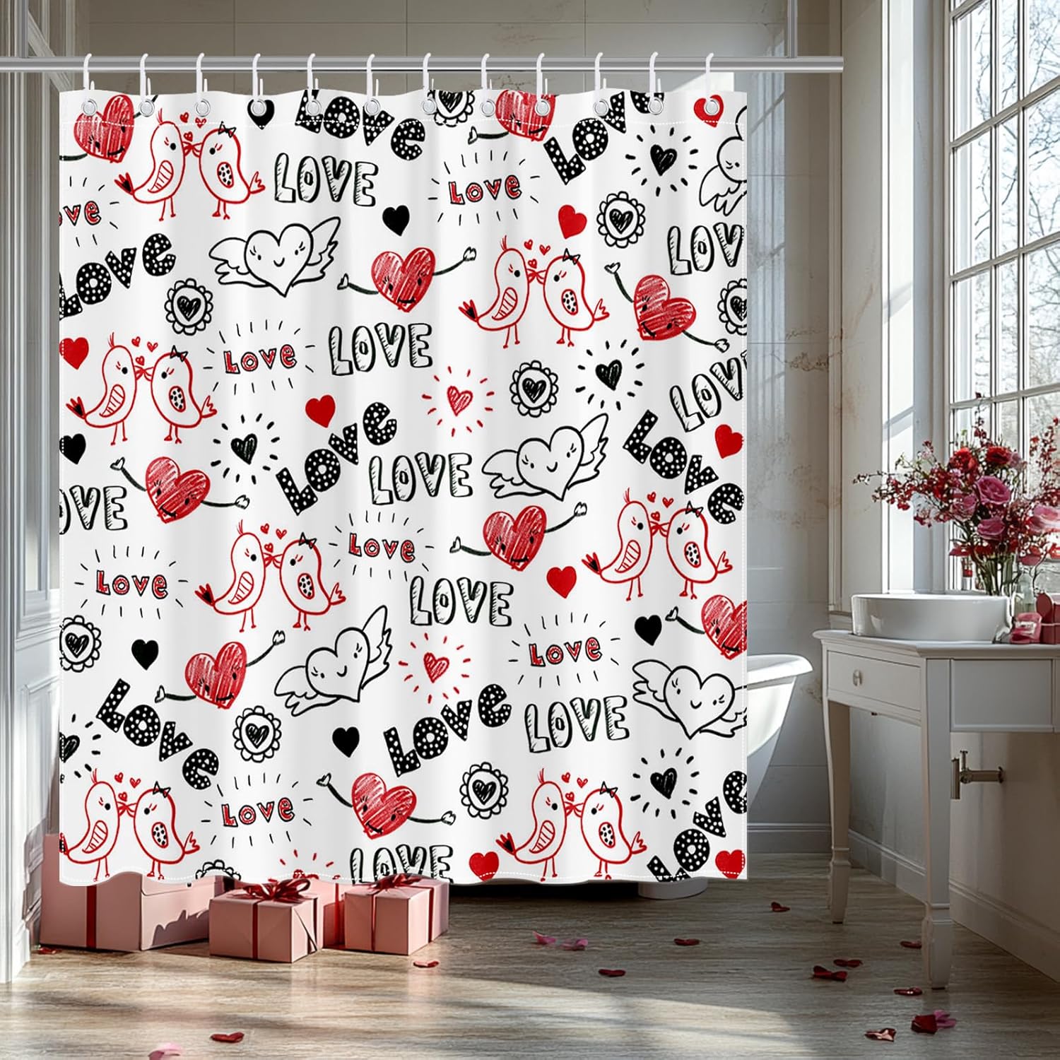 Mocsicka Valentines Shower Curtain Doodle Style Heart and Kiss Birds