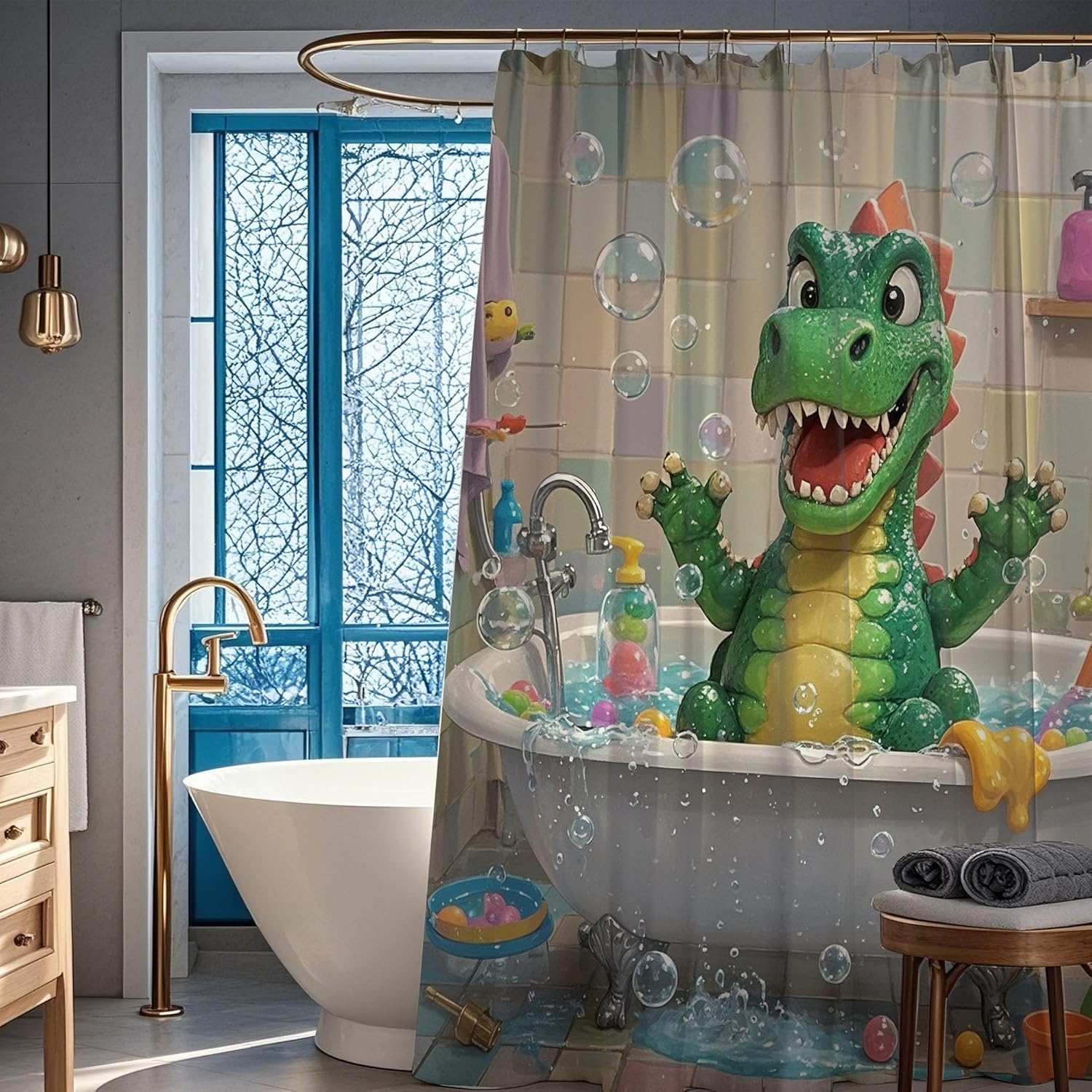 Funny Cartoon Dinosaur Shower Curtain Set for Kids