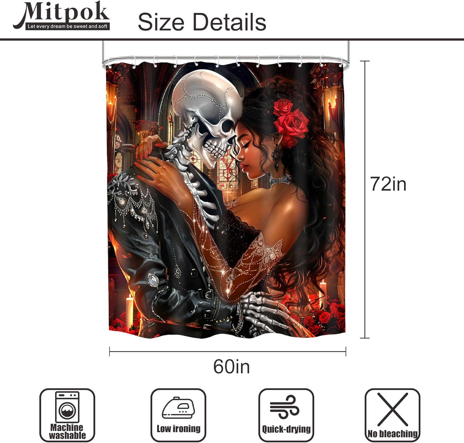 Valentines Day African American Goth Skeletonshower Curtain for Women Romantic Black