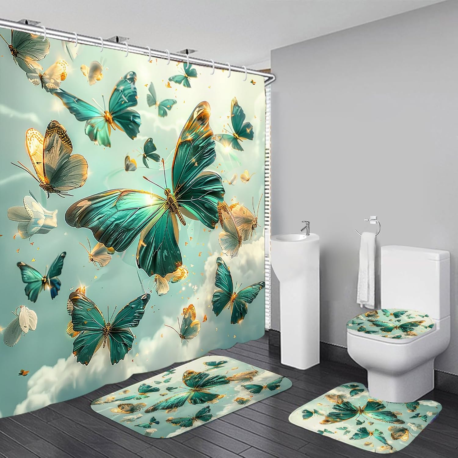 AlexEx 4-Piece Green Butterfly Shower Curtain Set