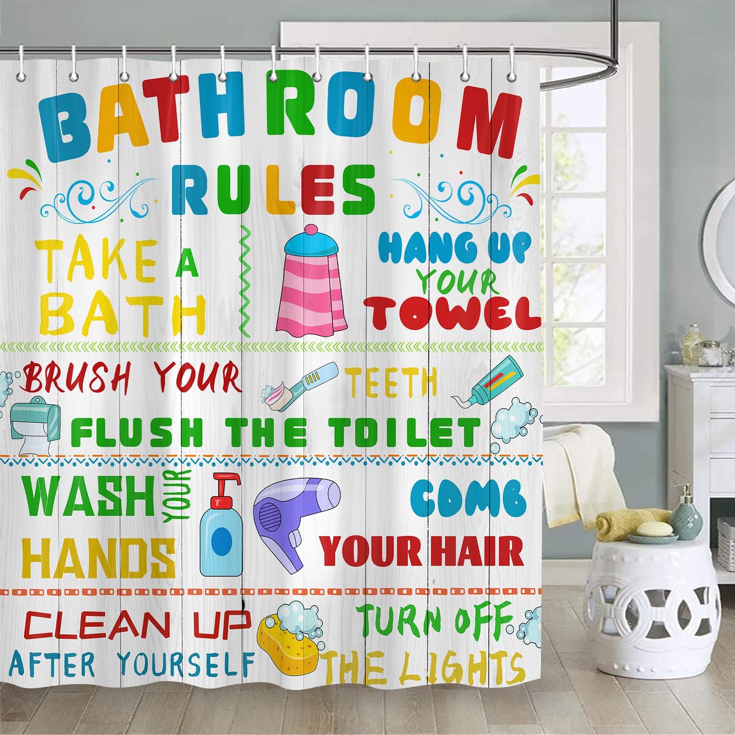 4PCS Kids Shower Curtain Set with Funny Rules and Non-Slip Mats