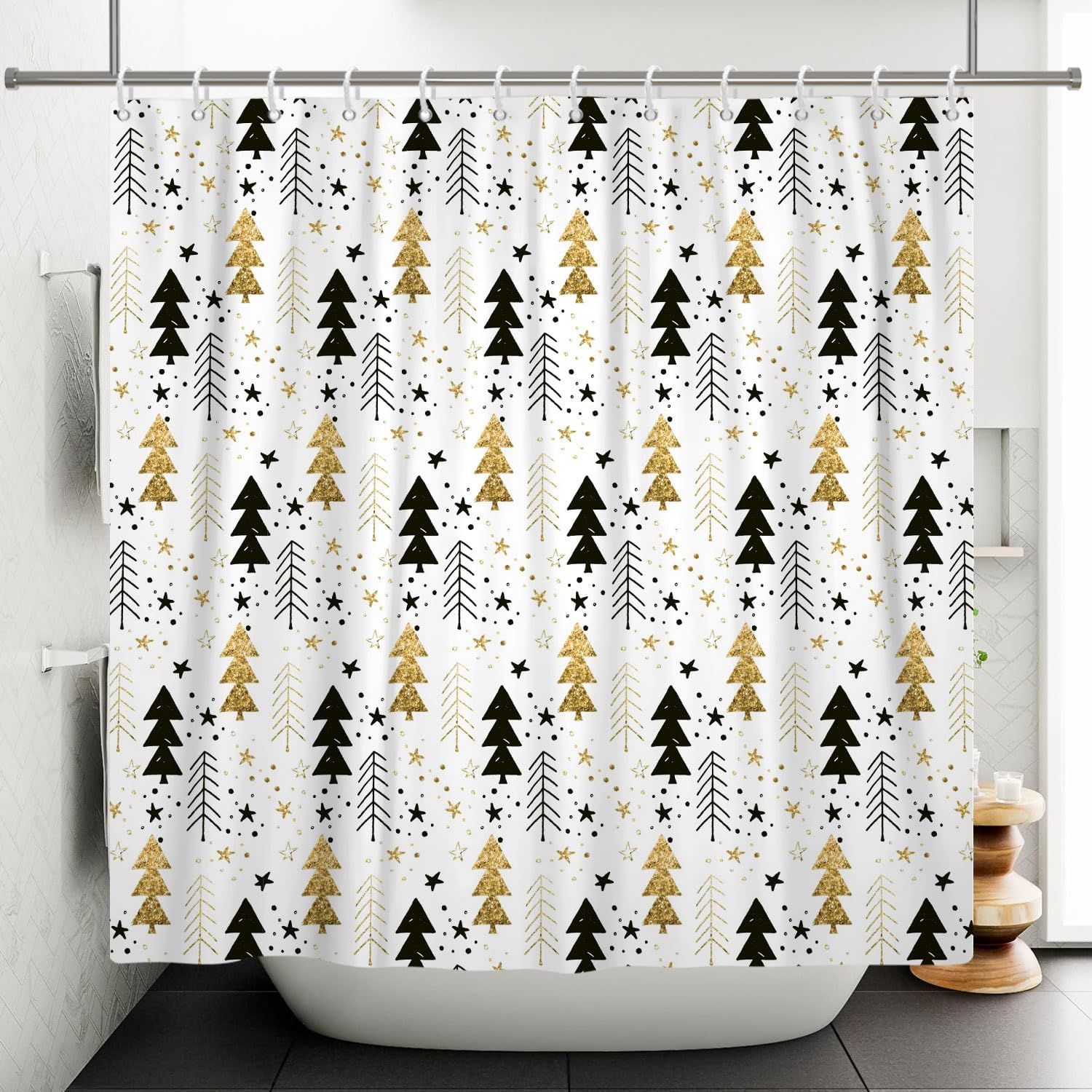 Boho Christmas Tree Shower Curtain with 12 Hooks