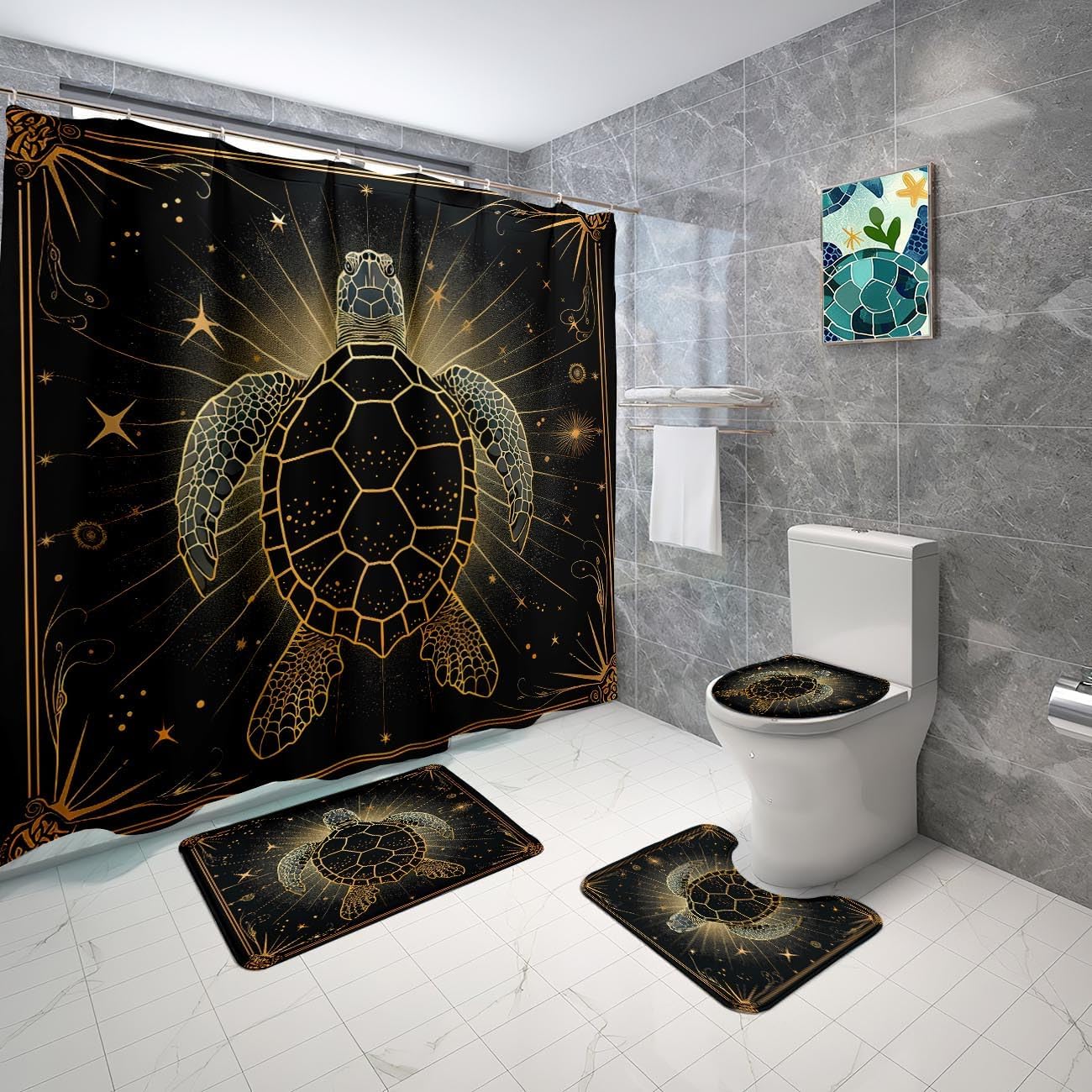 JPSBJWJ Sea Turtle Shower Curtain Set with 4 Pieces