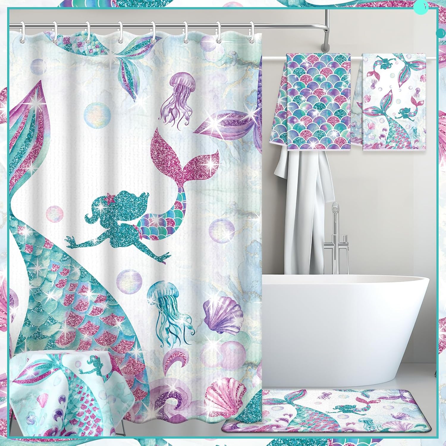 Nuanchu 6 Piece Mermaid Bathroom Set with Mat and Towels