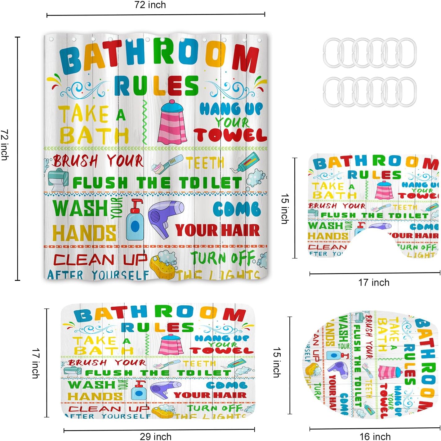 4PCS Kids Shower Curtain Set with Funny Rules and Non-Slip Mats