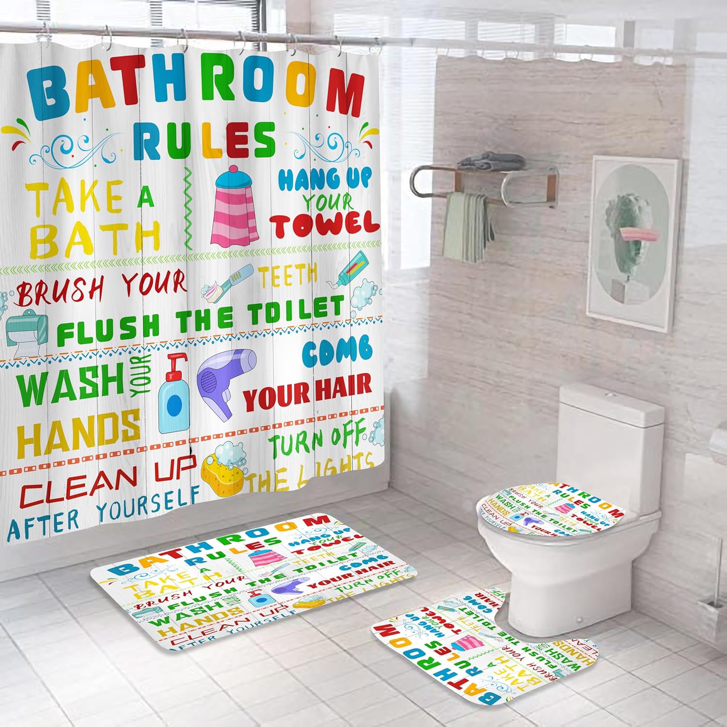 4PCS Kids Shower Curtain Set with Funny Rules and Non-Slip Mats