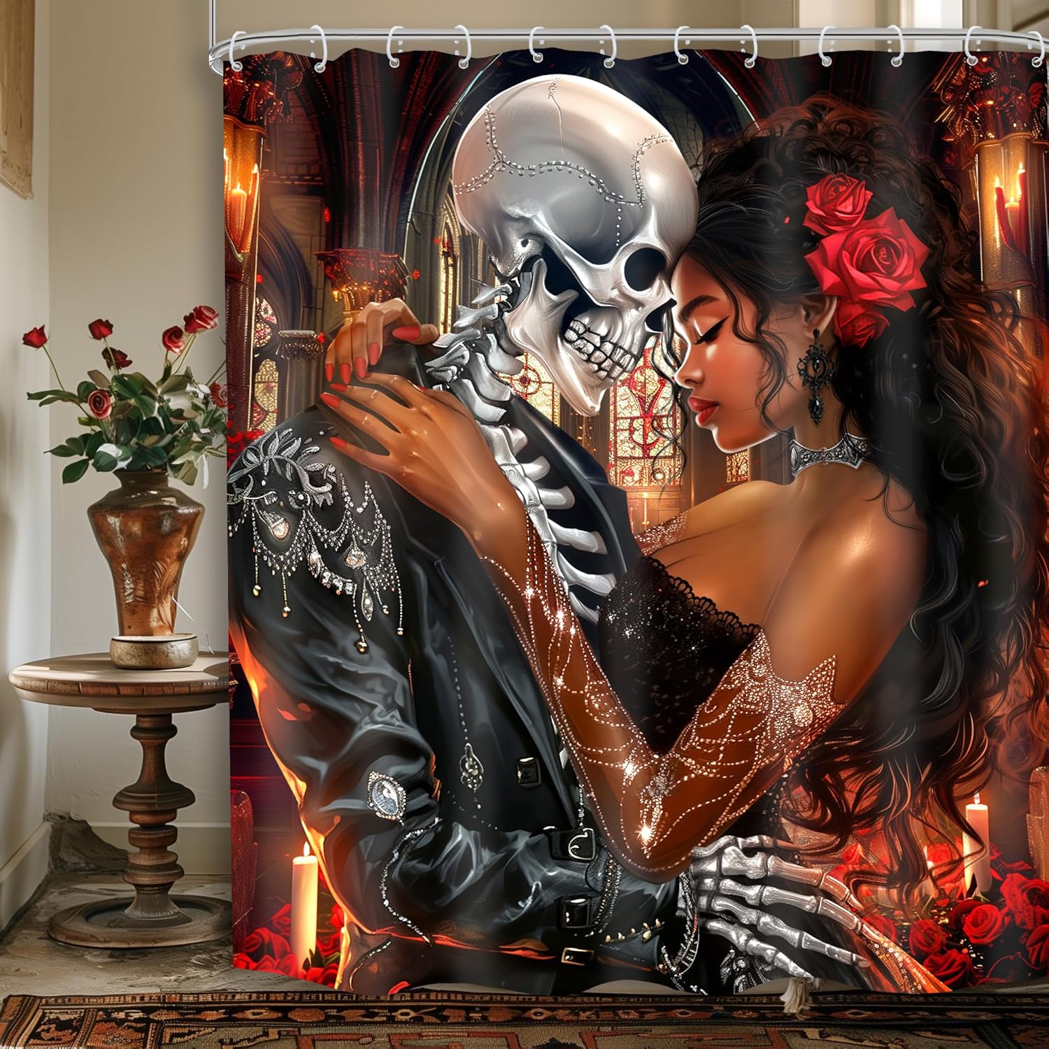 Valentines Day African American Goth Skeletonshower Curtain for Women Romantic Black