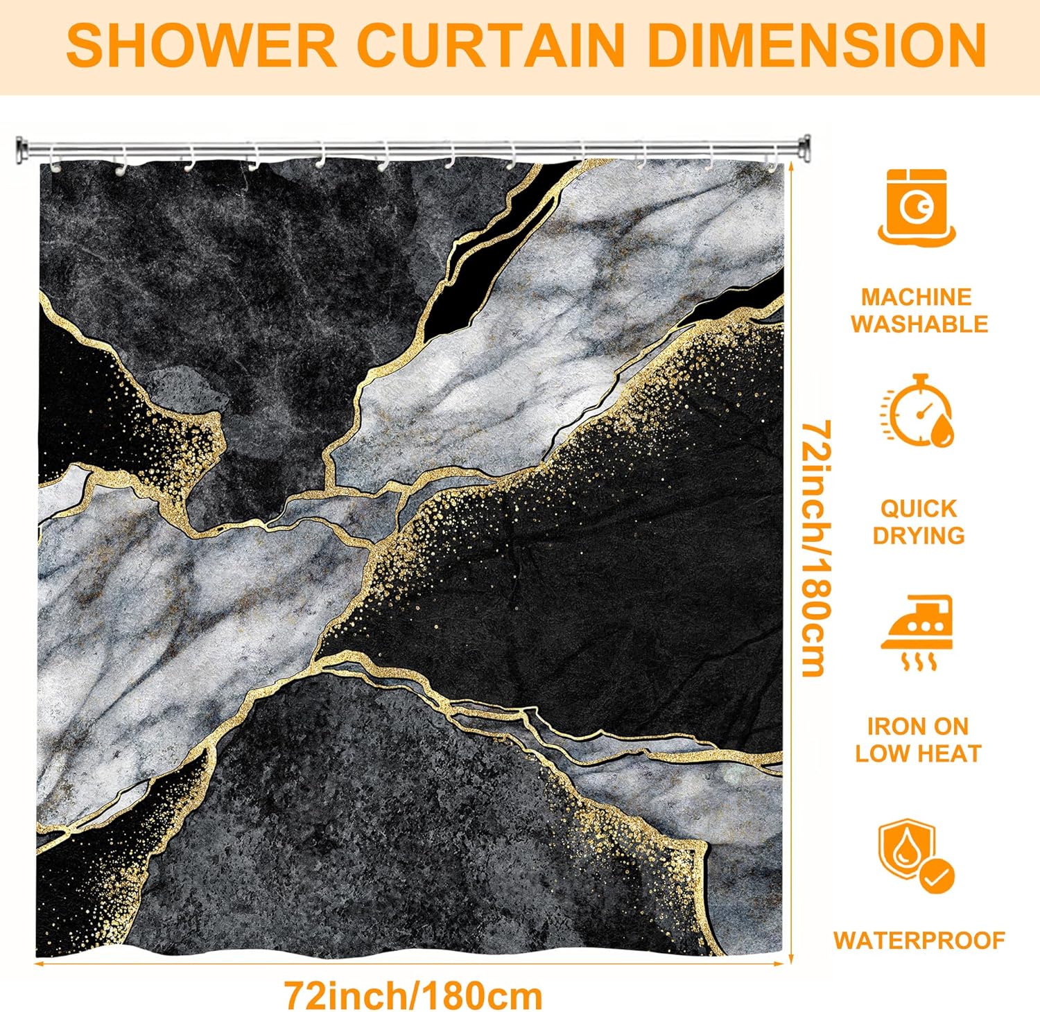 Black Gold Marble Shower Curtain Set with Hooks 72x72 Inch 1