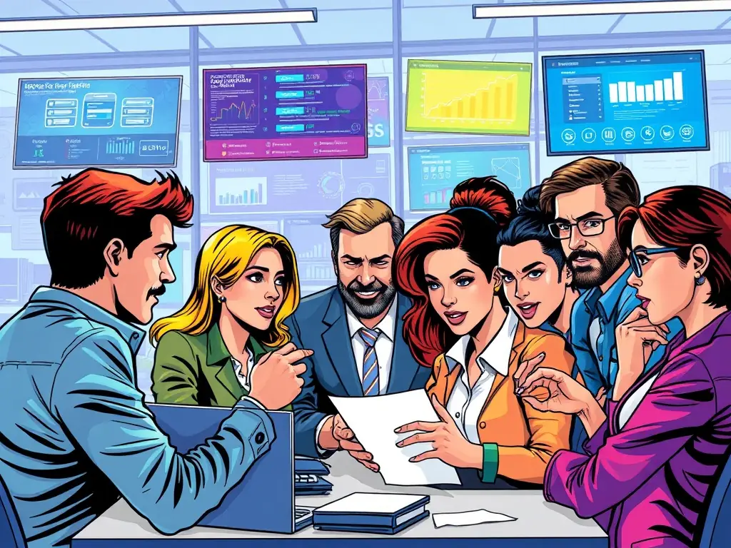 A diverse team of StratoBond consultants collaborating on a digital transformation project in a bright, open-plan office. They are reviewing data analytics on a large screen.
