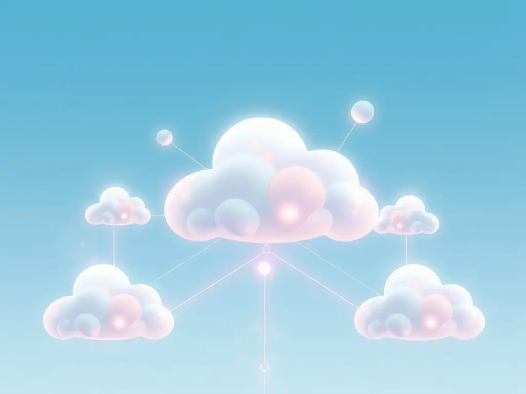 A visual representation of cloud infrastructure with interconnected nodes, highlighting data flow and security, representing cloud migration services.