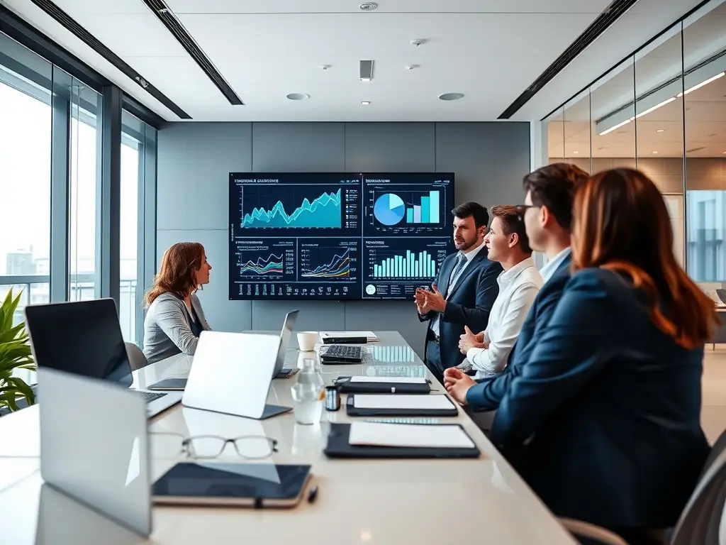 A consultant in a modern office setting, analyzing data on a large screen, with team members collaborating in the background, representing data-driven consulting.