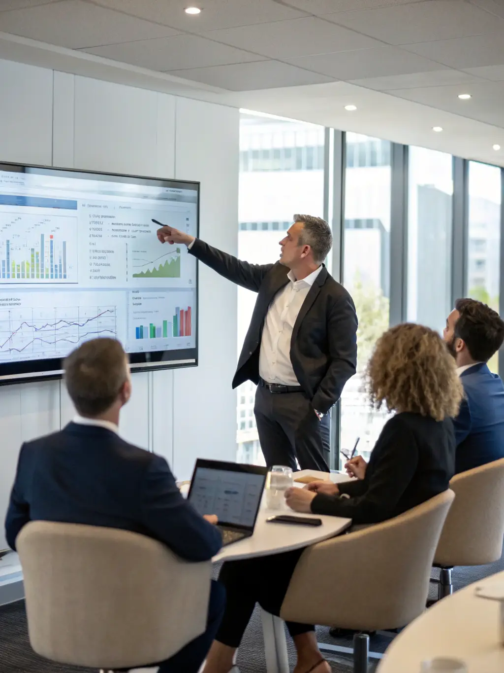 A consultant presenting a digital transformation roadmap to a client, showcasing key milestones and strategic initiatives.