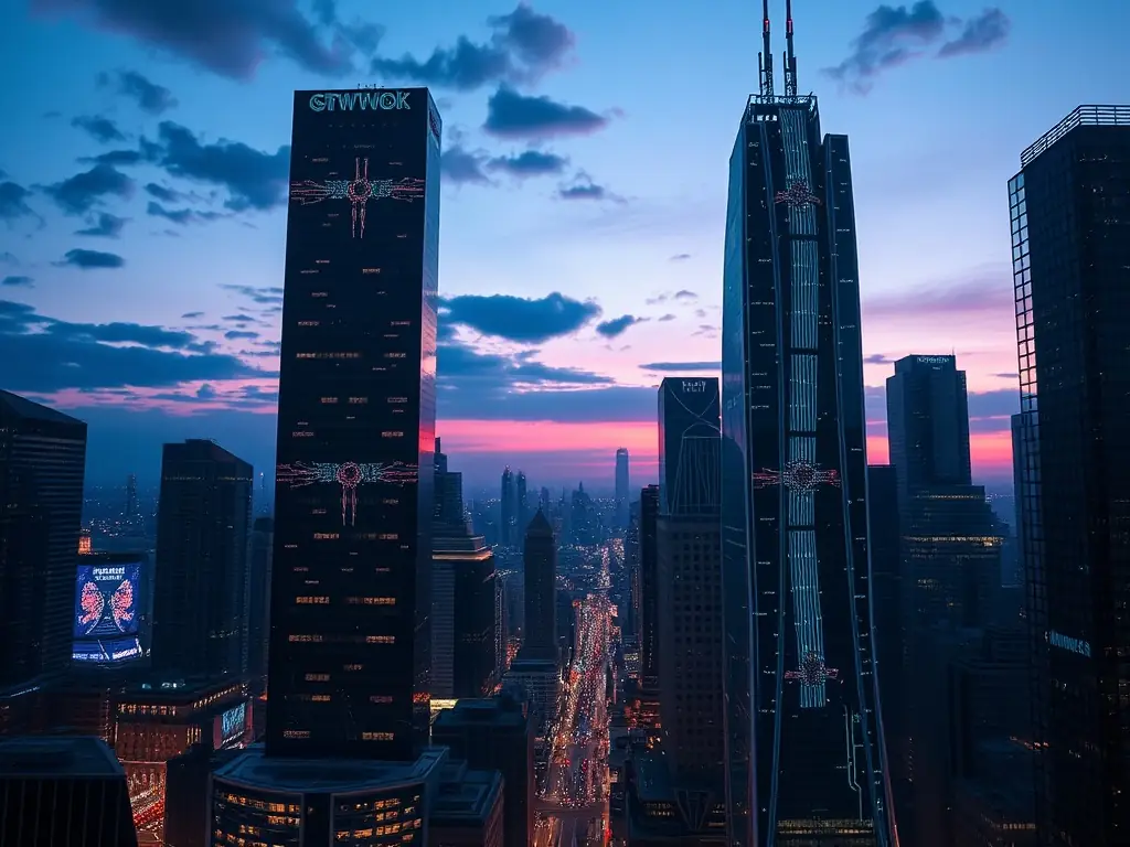 A futuristic cityscape with interconnected digital networks and cloud icons, symbolizing the integration of digital technologies in urban environments.