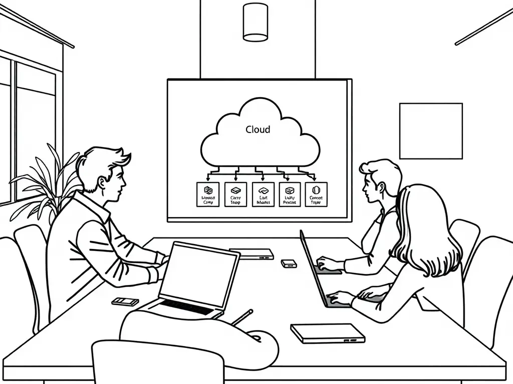 A consultant is presenting a cloud migration strategy on a digital whiteboard to a team of executives in a modern office setting. The whiteboard displays a diagram of cloud infrastructure.