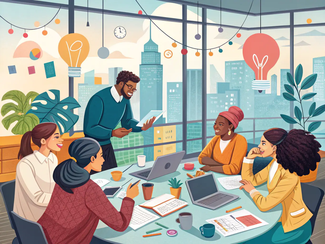 A team of consultants brainstorming in a brightly lit conference room, surrounded by whiteboards filled with diagrams and notes, symbolizing strategic planning.